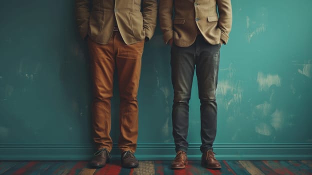 The legs of two men in stylish trousers and boots on the street.