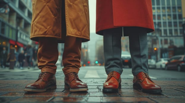 The legs of two men in stylish trousers and boots on the street.