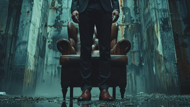 The legs of a man in stylish trousers and boots on the background of an armchair and a wall.