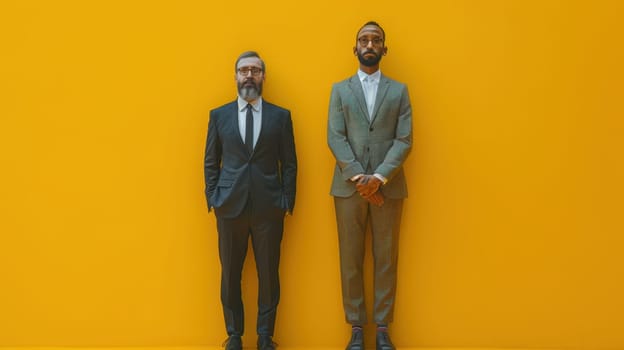 Two strong men in formal suits on a yellow background.