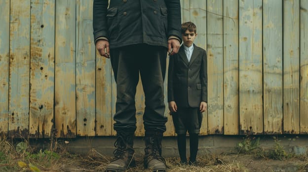 a small and a big man. A boy stands next to a giant man.