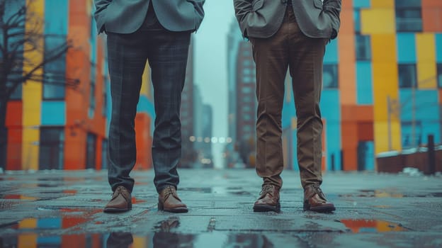 The legs of two men in stylish trousers and boots on the street.
