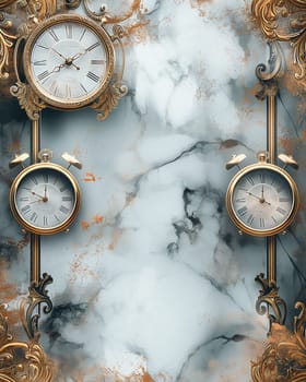 Elegant vintage clocks with ornate gold decorations on a marble pattern background
