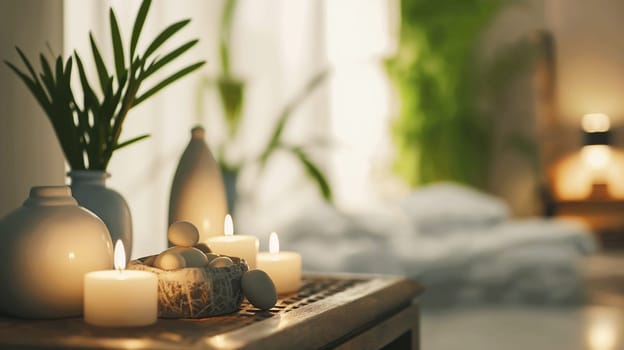 Serene home with candles, soft light, decor, and greenery creating a relaxing and cozy atmosphere