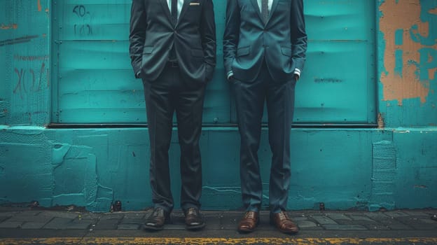 The legs of two men in stylish trousers and boots on the street.