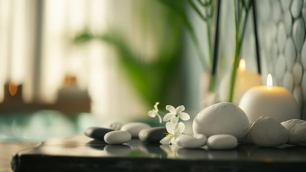 Tranquil spa setting with candles, stones, and flowers for ultimate relaxation and wellness