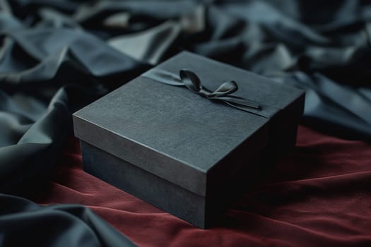 Black gift box with ribbon on silk fabric, elegant and luxurious present wrapped on dark velvet background