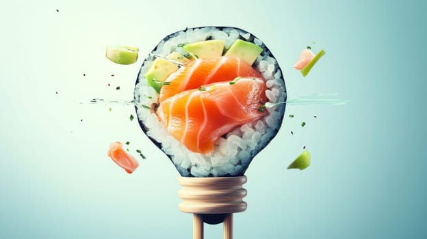 light bulb sushi with salmon and avocado on blue background, creative food concept.