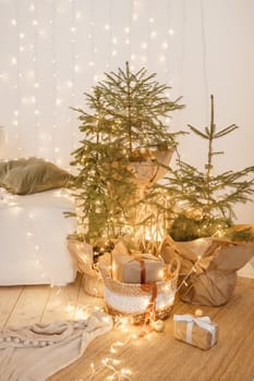 Interior bedrooms in Scandinavian style, decorated for the Christmas holidays. Live ate in the interior