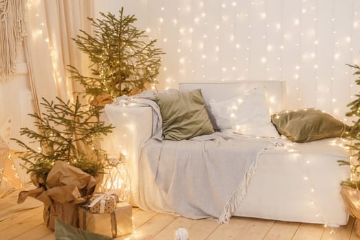 Interior bedrooms in Scandinavian style, decorated for the Christmas holidays. Live ate in the interior