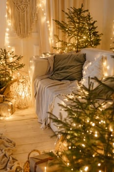 Interior bedrooms in Scandinavian style, decorated for the Christmas holidays. Live ate in the interior