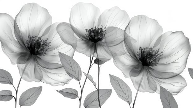 Black transparent flowers on white background . Hand drawn black flowers on white background. Illustration.