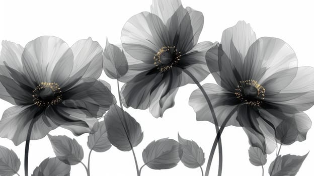 Black transparent flowers on white background . Hand drawn black flowers on white background. Illustration.