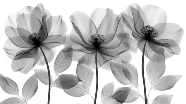 Black transparent flowers on white background . Hand drawn black flowers on white background. Illustration.