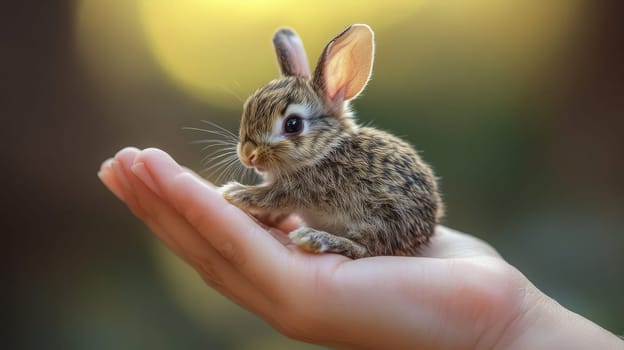 Baby rabbit in hand with soft focus and warm lighting.