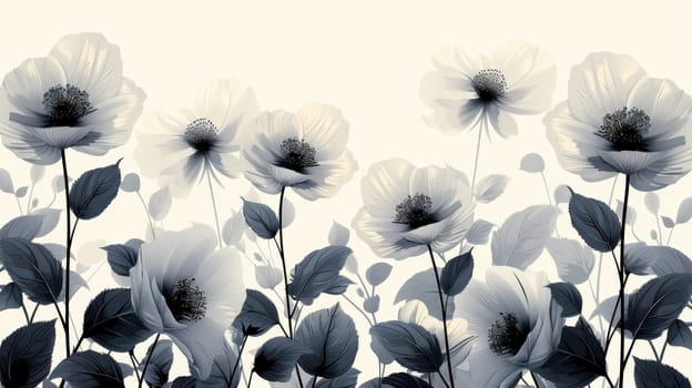 Black transparent flowers on white background . Hand drawn black flowers on white background. Illustration.