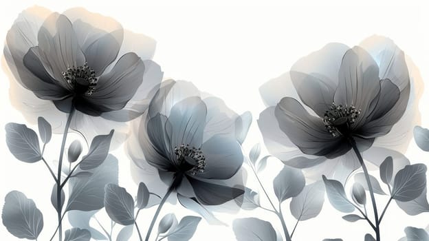 Black transparent flowers on white background . Hand drawn black flowers on white background. Illustration.