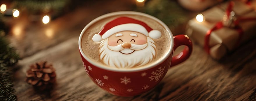 Santa claus latte art in a red mug, festive holiday setting. Christmas and winter warmth concept.