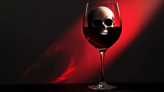 Red wine glass with skull reflection against dark background, eerie concept.