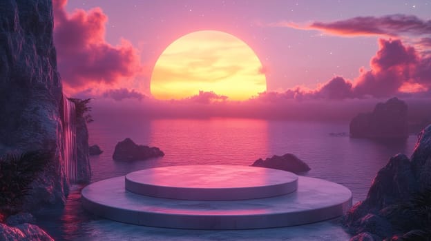 Sunset over ocean with circular platform and cliffs, serene landscape concept.