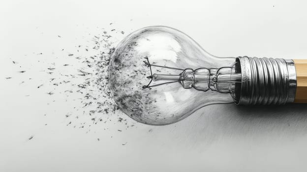 Exploding light bulb pencil drawing on white background, creative energy and innovation concept.