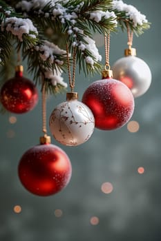 Colorful decorations adorn a snow-covered pine branch, showcasing red and white ornaments. This captures the essence of the holiday spirit - Generative AI