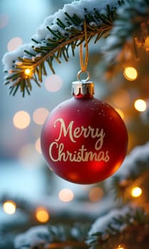 A festive red ornament with the words Merry Christmas hangs from a snow-covered branch, surrounded by soft glowing lights, creating a warm holiday atmosphere - Generative AI