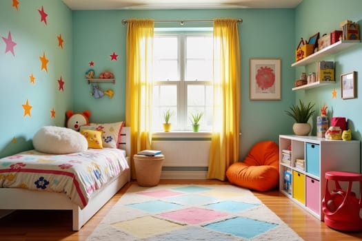 A vibrant children's bedroom features a bed with colorful bedding, playful wall decorations, and ample natural light coming through large windows - Generative AI