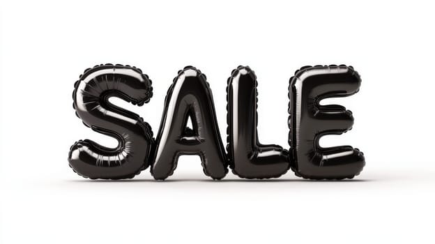 Black foil balloon letters spelling sale on white background.