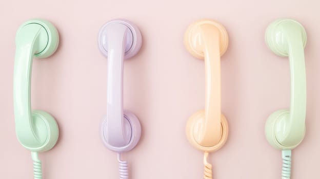 four pastel retro telephones on a pink background.