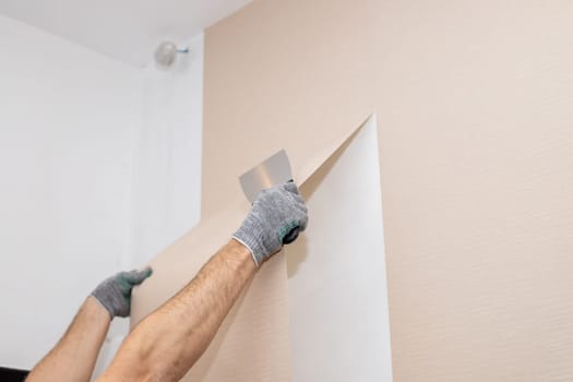 woman tears off Wallpaper, removing Wallpaper from the wall with a spatula, the process of updating the wall room repair.