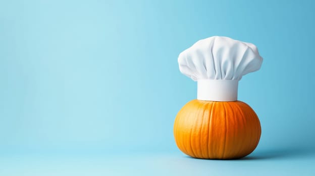 Pumpkin with chef hat on blue background.