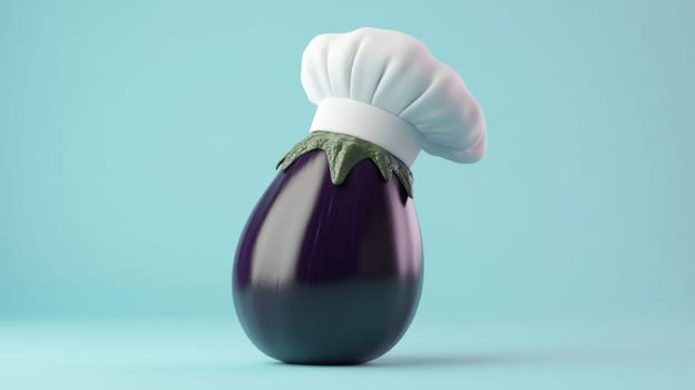 Eggplant wearing a chef's hat on blue background, culinary humor concept.