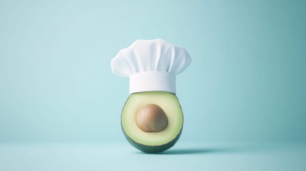 Half avocado with chef hat on blue background, creative food concept.