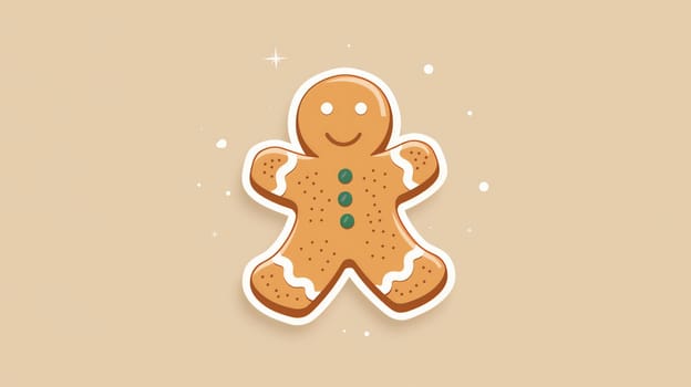 A playful gingerbread man stands out with his smiling face and colorful icing decorations. His cheerful expression brings a sense of warmth and joy, perfect for festive occasions. The simple background enhances his delightful features.