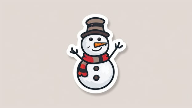 A joyful snowman appears with a classic top hat and a bright red scarf. Its carrot nose adds charm while its stick arms are raised in a friendly greeting. The light background enhances its playful character, making it a perfect representation of winter fun.