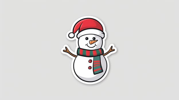 A snowman, adorned with a bright red Santa hat and a striped scarf, stands smiling with outstretched arms. Its button eyes and carrot nose add a friendly charm, evoking the joy of winter and festive celebrations.