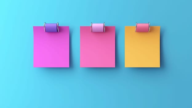 Three vibrant sticky notes in pink, yellow, and lavender are attached to a bright blue wall, perfect for jotting down reminders or ideas in a creative workspace.