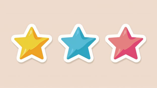 A group of three vibrant stars in shades of yellow, blue, and pink are arranged neatly against a soft, light background. Each star features a glossy finish that enhances their playful appearance, creating a cheerful atmosphere.