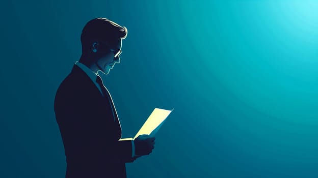 A suited individual stands in profile, examining a paper while highlighted by blue lighting in a studio.