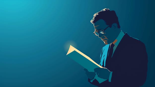 A suited man studies a document closely, illuminated by soft light, conveying focus and engagement in a corporate environment.