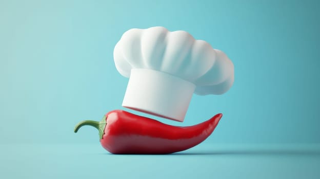 Chef's hat floating above a red chili pepper on a blue background, culinary concept.