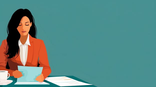 A woman sits at a desk focused on reviewing important documents while holding a sheet of paper.