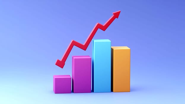 A vibrant 3D bar graph displays four increasing bars in different colors with a red arrow showing an upward trend against a blue background, symbolizing positive financial progress.