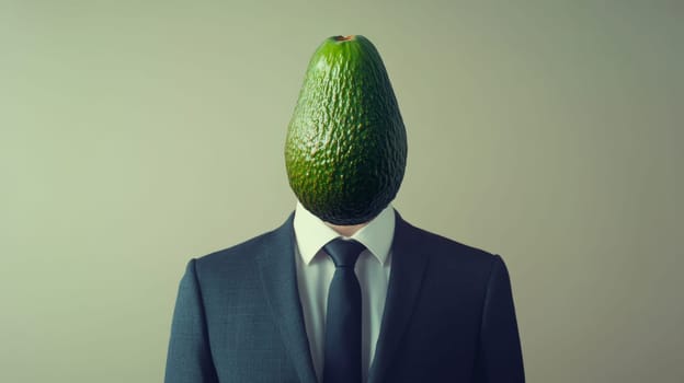 man in suit with avocado head, surreal concept.