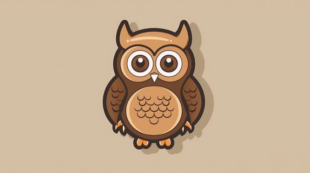 A charming cartoon owl with large expressive eyes and intricate feather patterns occupies the center of a plain beige backdrop. The creature features shades of brown and orange, contributing to its playful appearance. This delightful design is perfect for children's illustrations or educational materials.