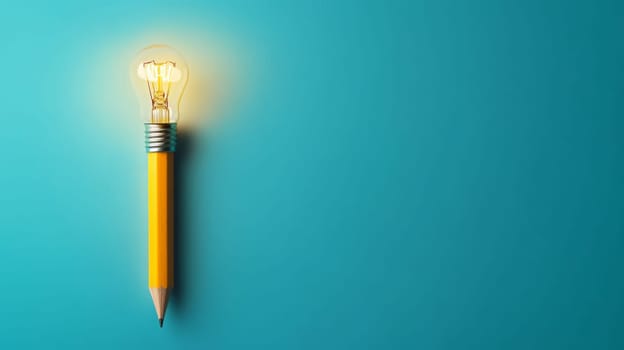 Pencil with light bulb on turquoise background, creative inspiration concept.