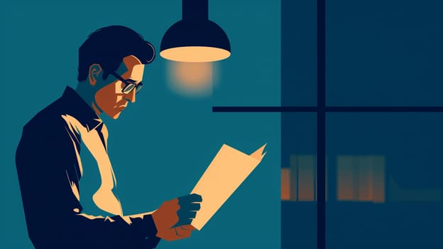 A man examines a document intently while standing near a lamp in a cozy, dimly lit room.