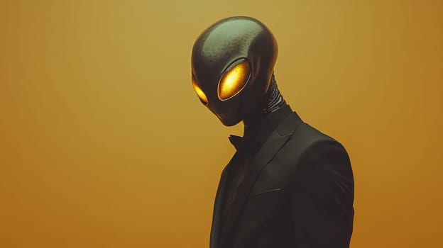 Alien in a tuxedo with glowing eyes against orange background, futuristic and mysterious mood.