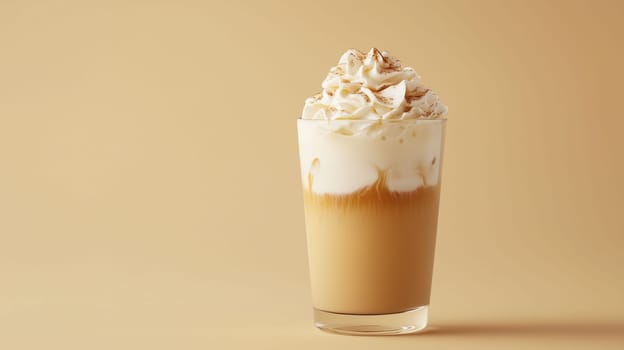 A refreshing glass of iced coffee layered with creamy whipped topping and sprinkled with spices, set against a soft beige background, makes for an enticing beverage choice.